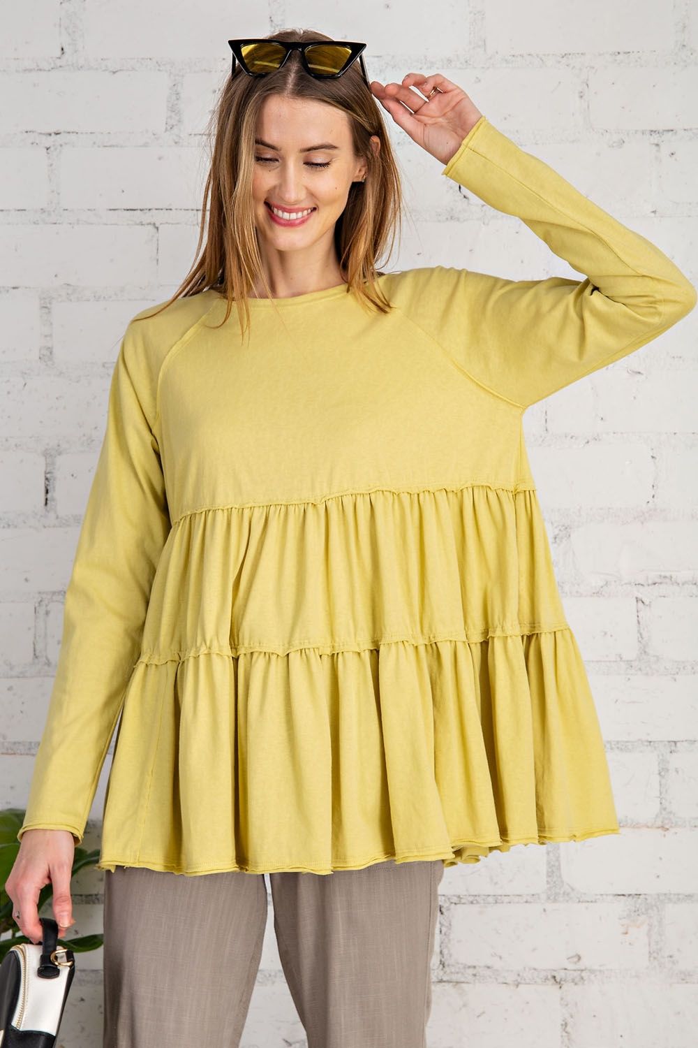 Yellow/Green tiered ruffled long sleeve shirt