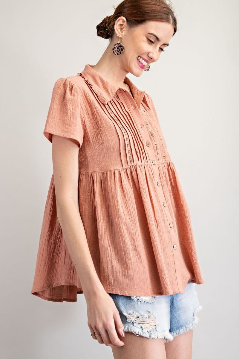 Peach cotton button down baby doll top with lace details