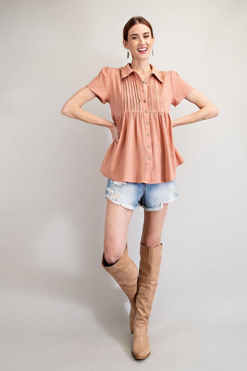 Peach cotton button down baby doll top with lace details