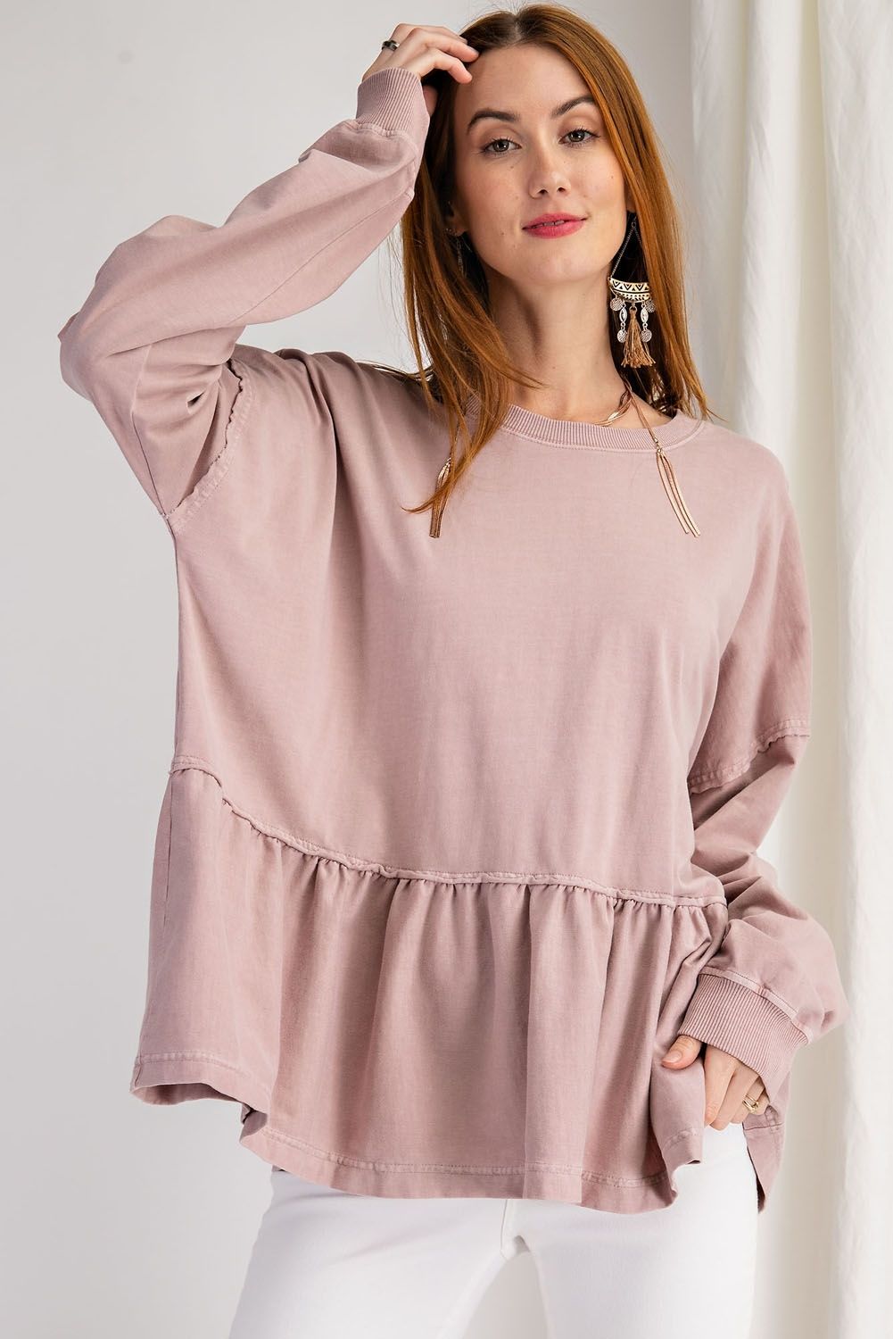 Mauve peplum cotton shirt with key hole back