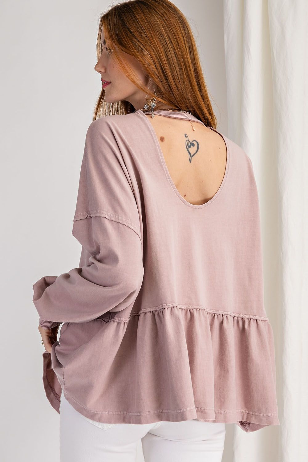 Mauve peplum cotton shirt with key hole back