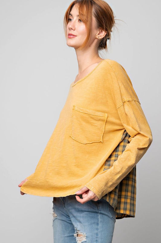 Mineral washed mustard top with plaid back