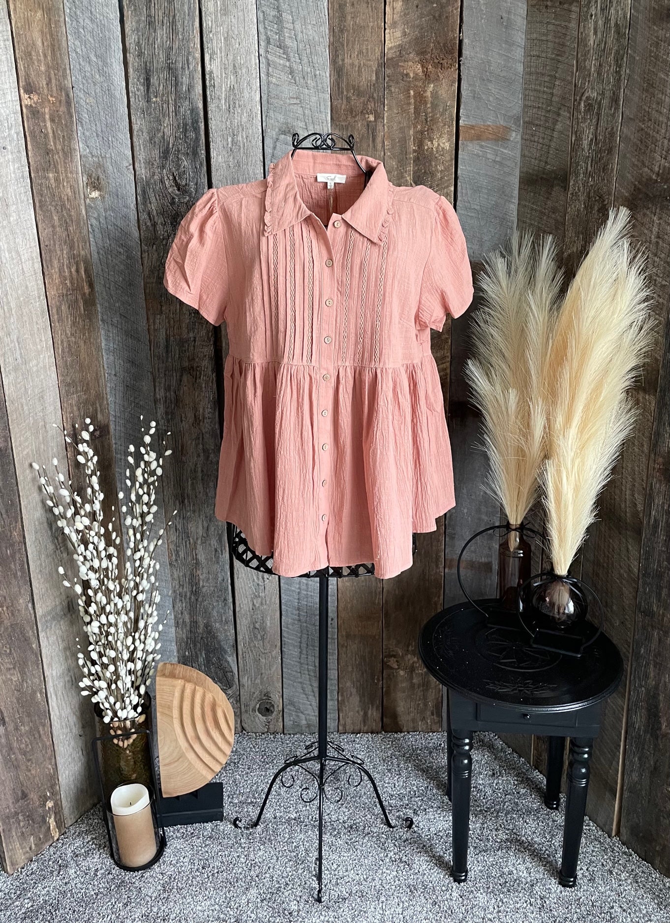 Peach cotton button down baby doll top with lace details