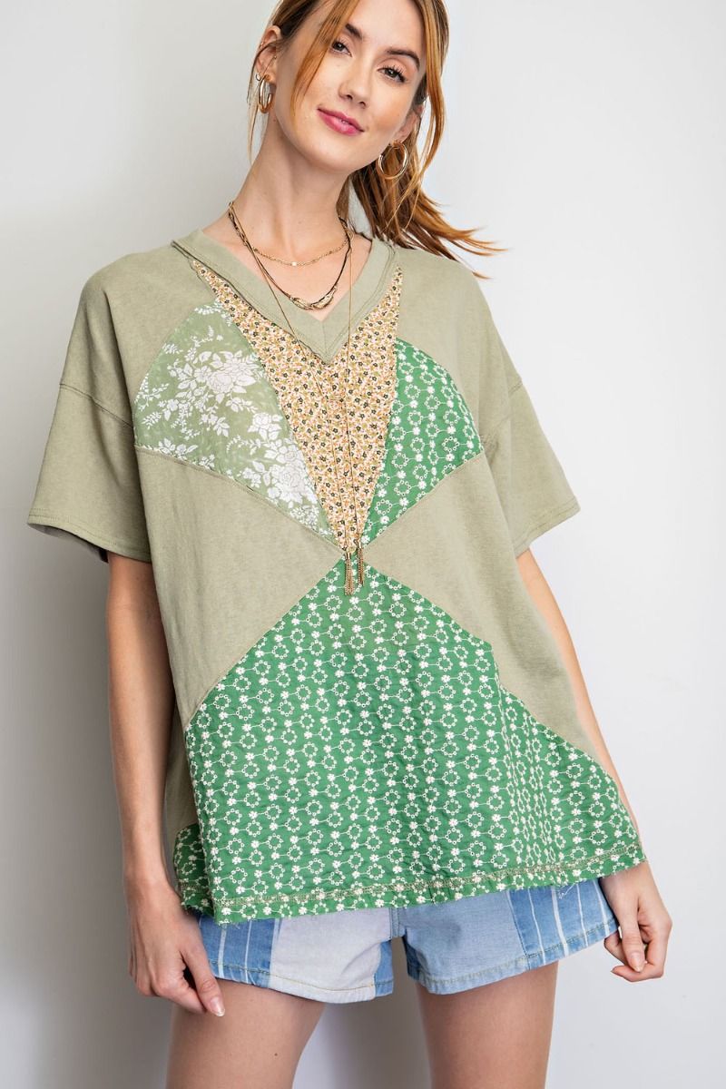 Sage Green patchwork slub knit tee