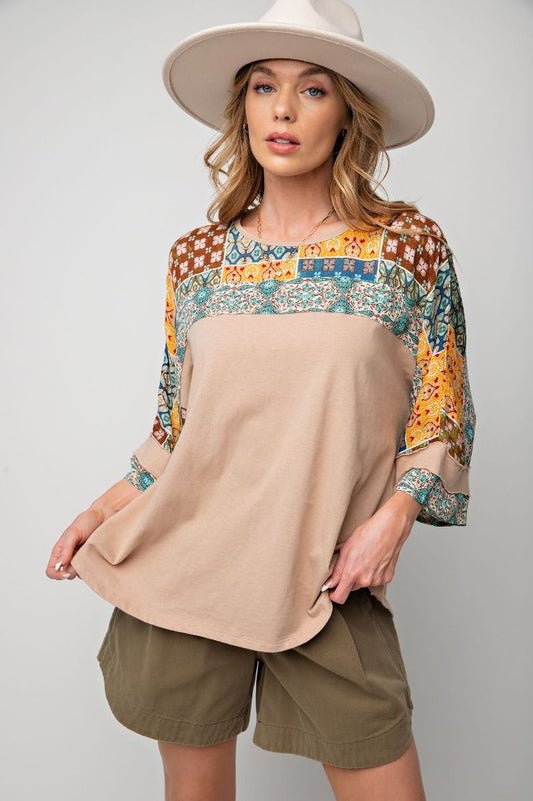 Khaki patchwork top plus size