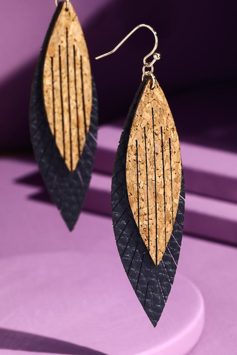 Leather and cork Leaf Earrings