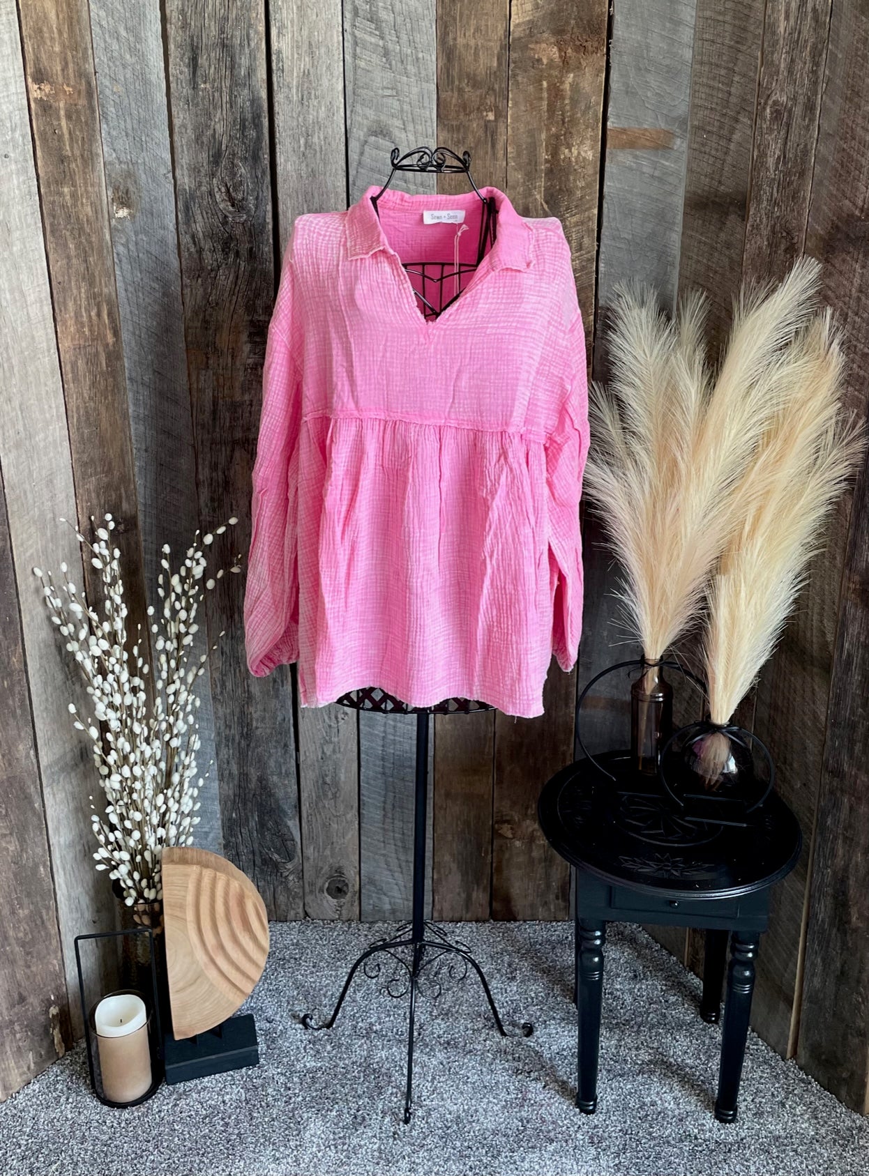 Pink mineral washed cotton gauze baby doll top