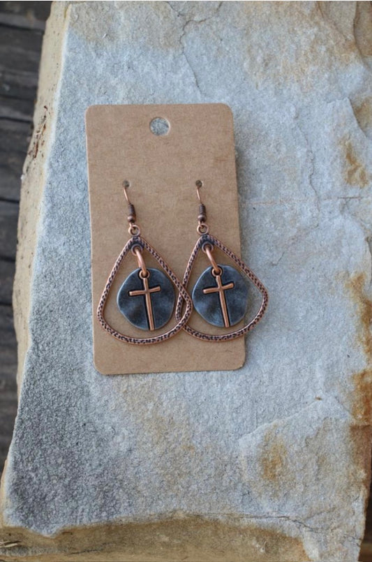 Antiqued copper teardrop earring with hammered cross