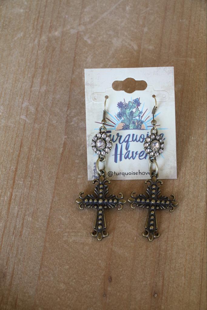 Antiqued gold filigree cross earrings