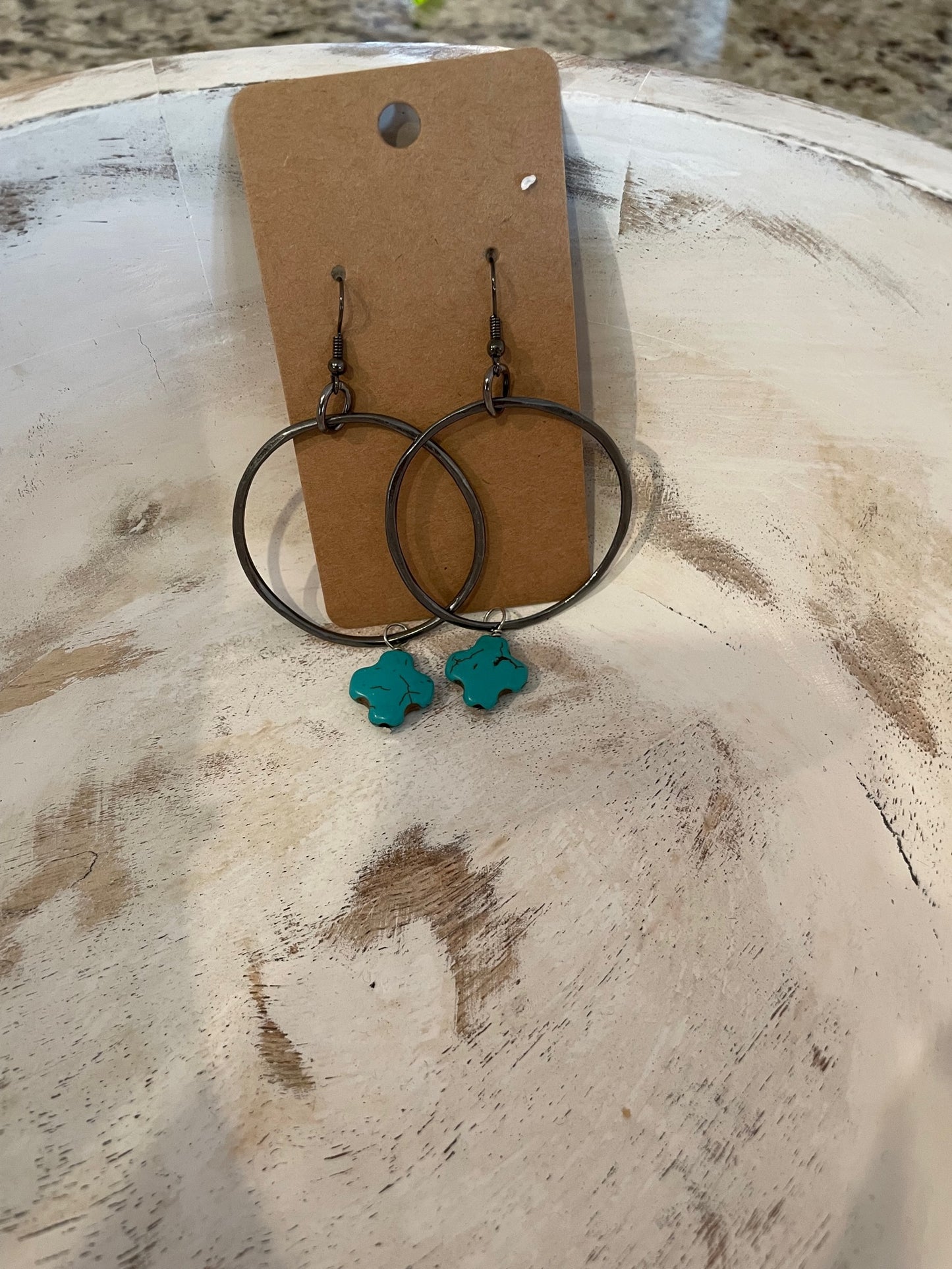 Antiqued Silver hoop earring with turquoise cross