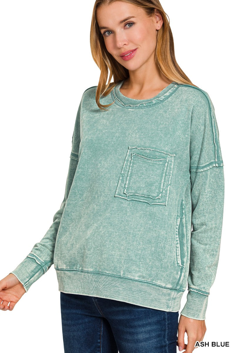 Acid Wash Pocket Crew Neck