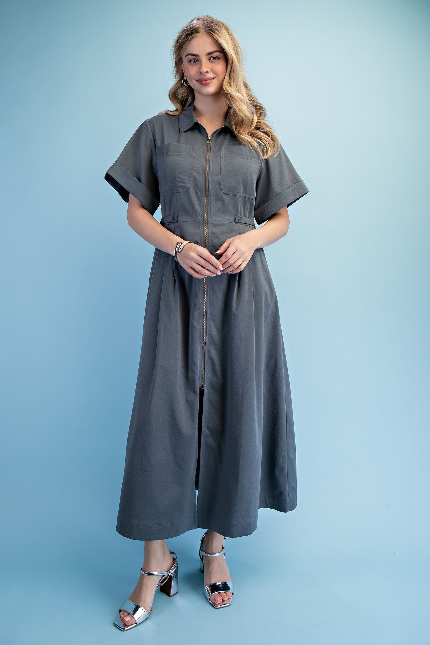 Gray zippered shirt dress