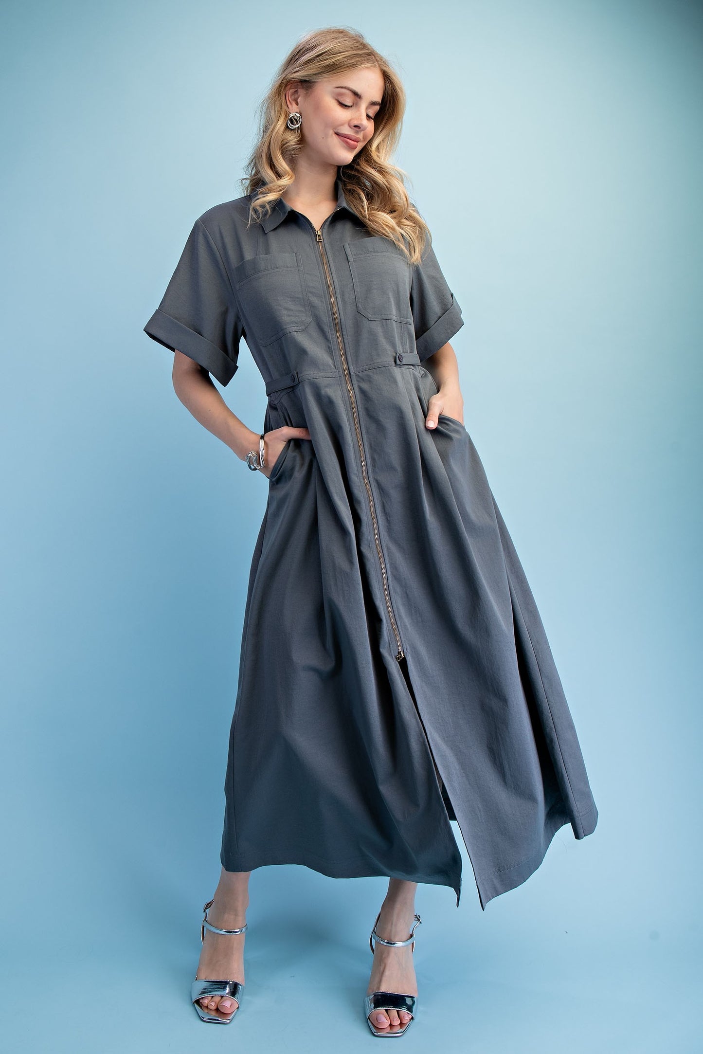 Gray zippered shirt dress
