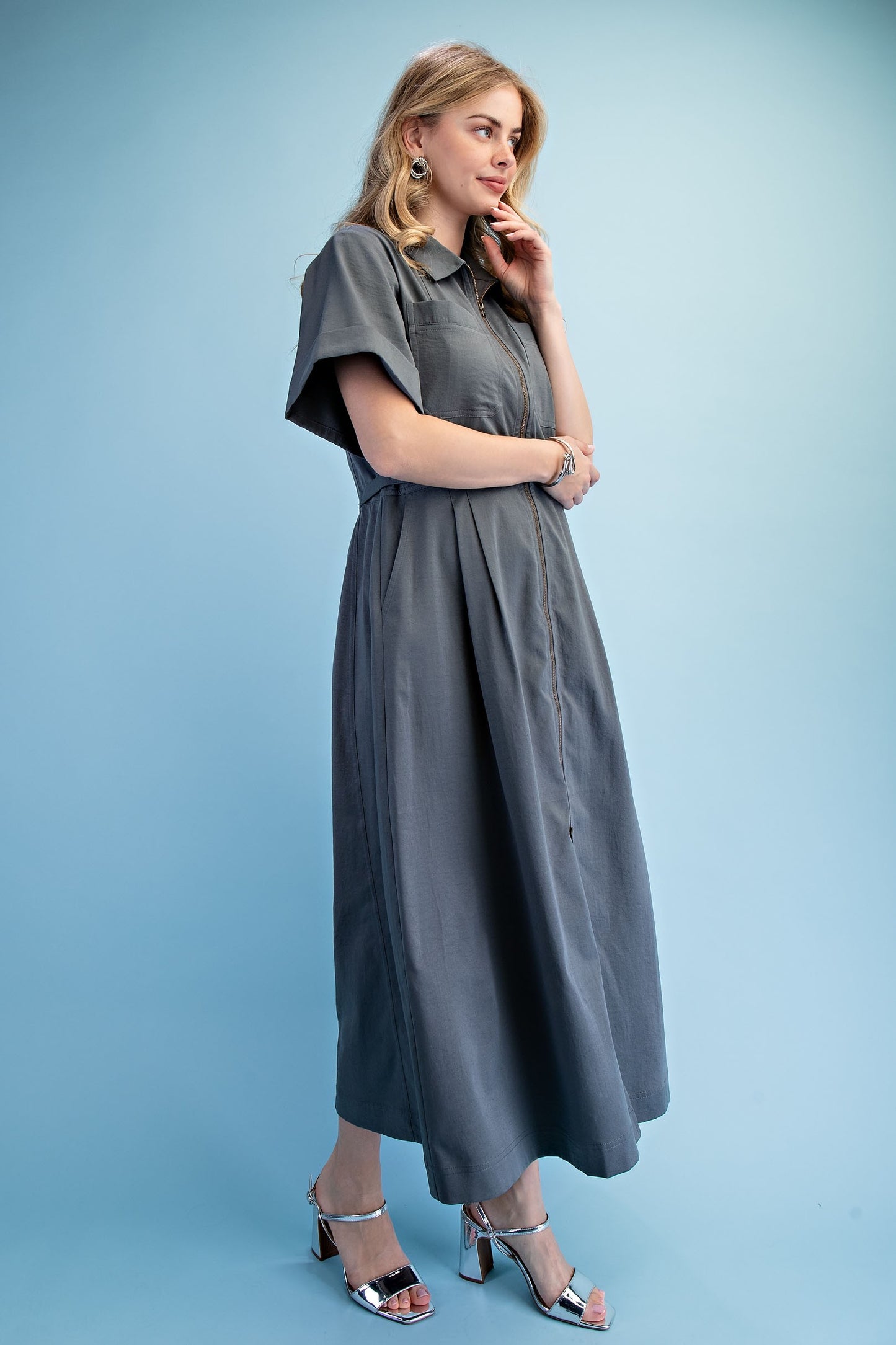 Gray zippered shirt dress