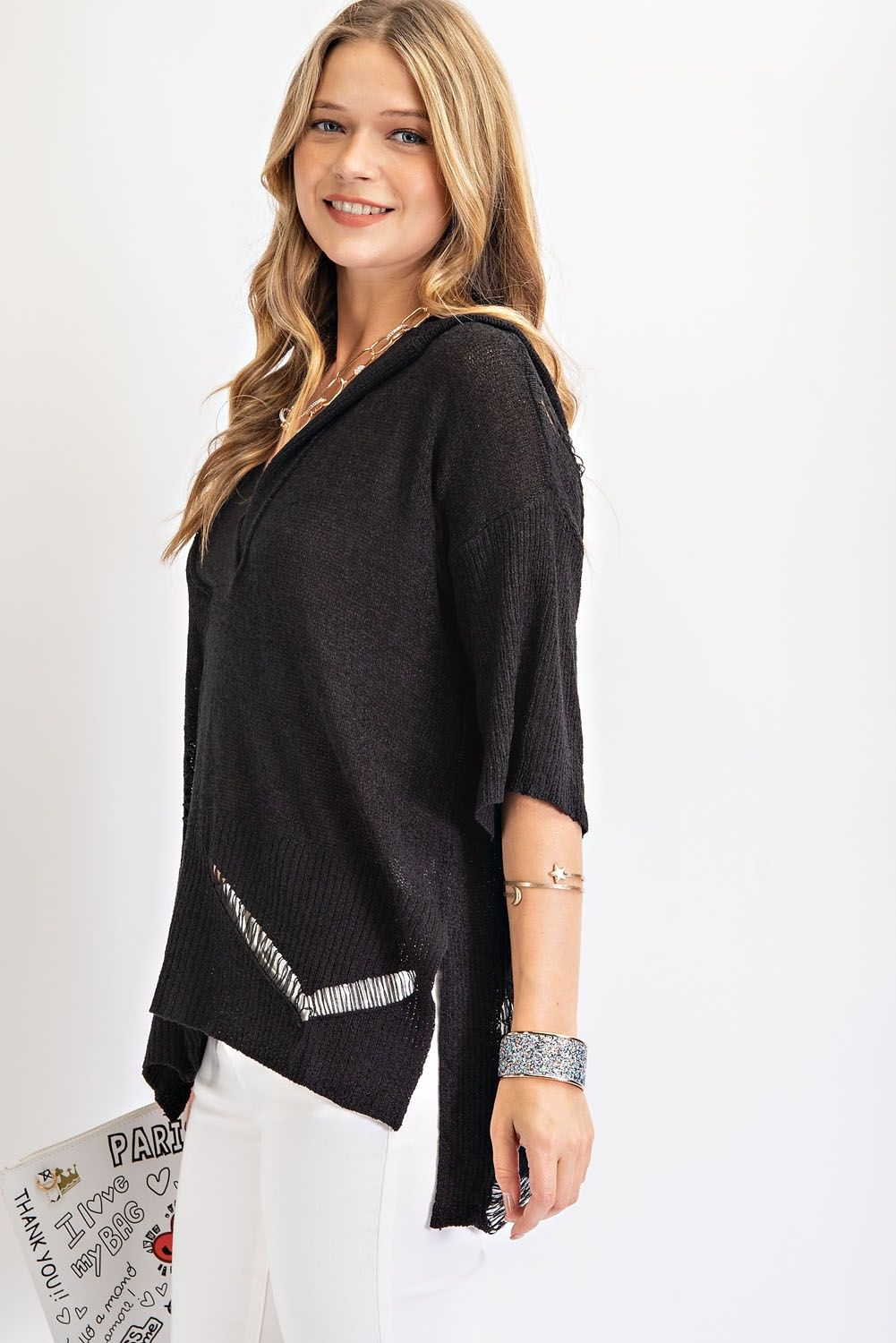 Black Distressed Hooded Sweater