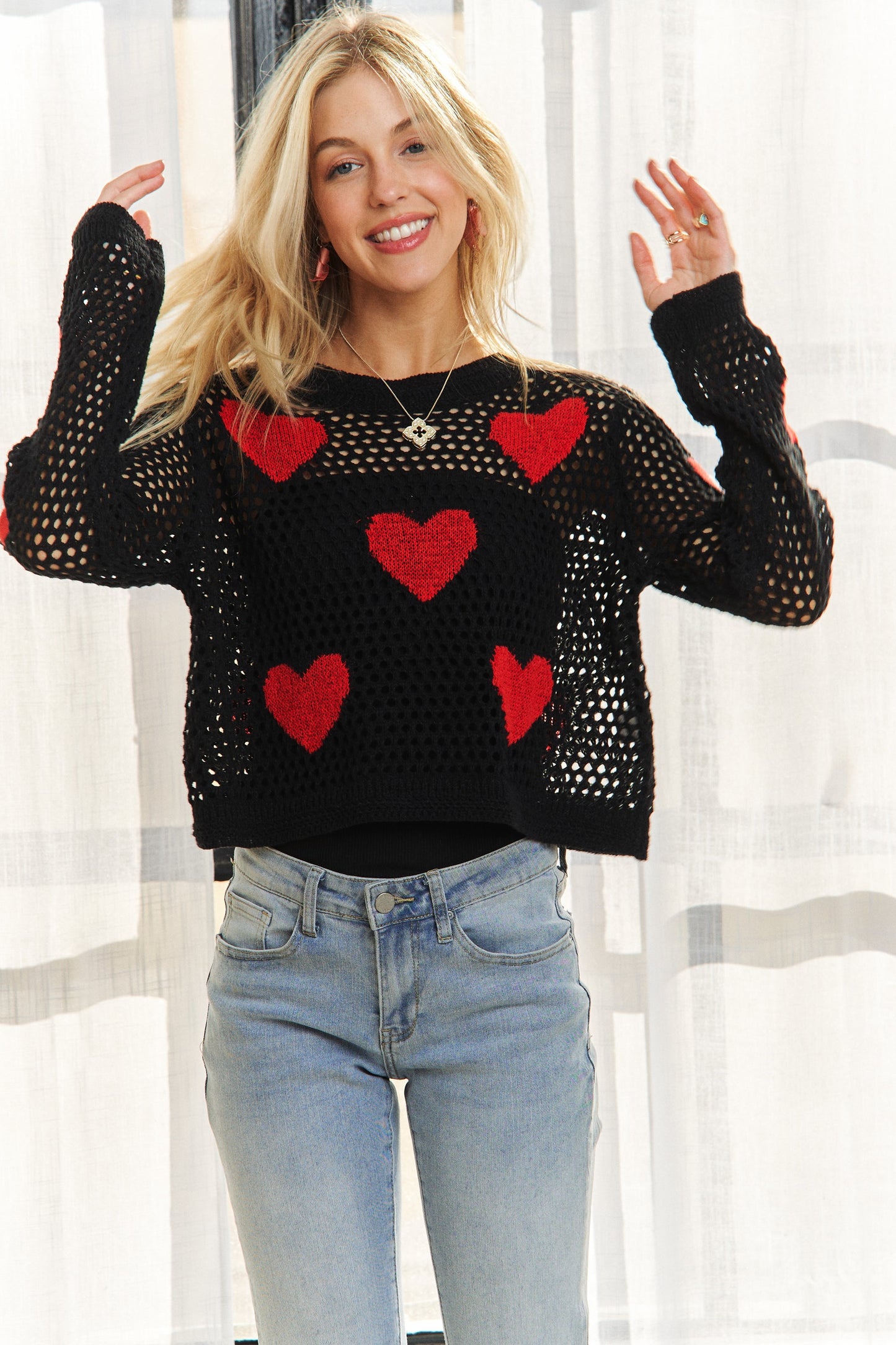 Open Weave Black Heart Sweater