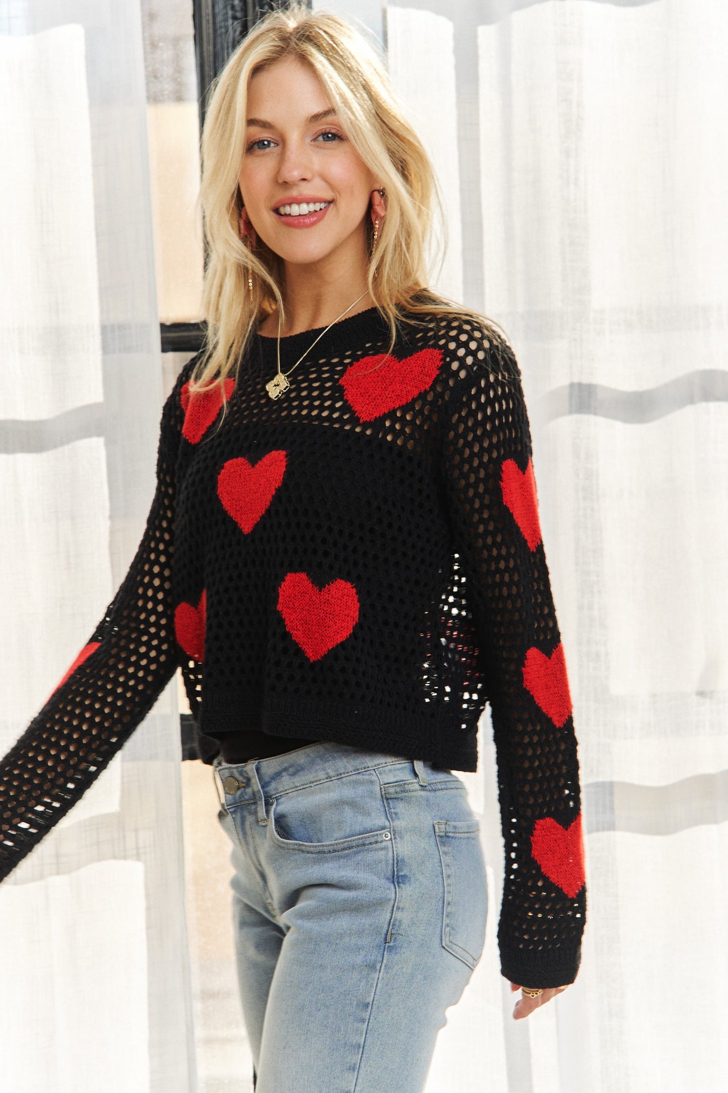 Open Weave Black Heart Sweater