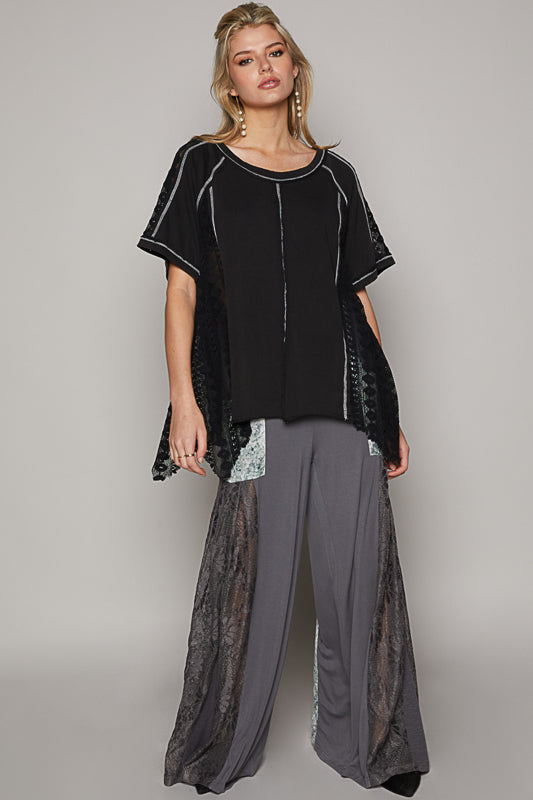 Black Lace Panel Mineral Washed Top