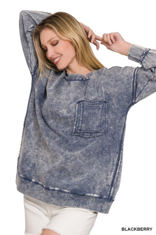 Acid Wash Pocket Crew Neck