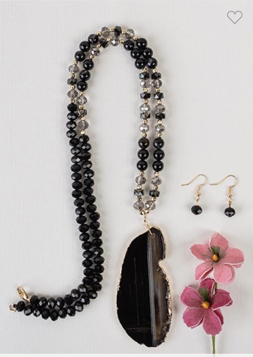 Natural black stone with gold foiled edges Necklace and earring set