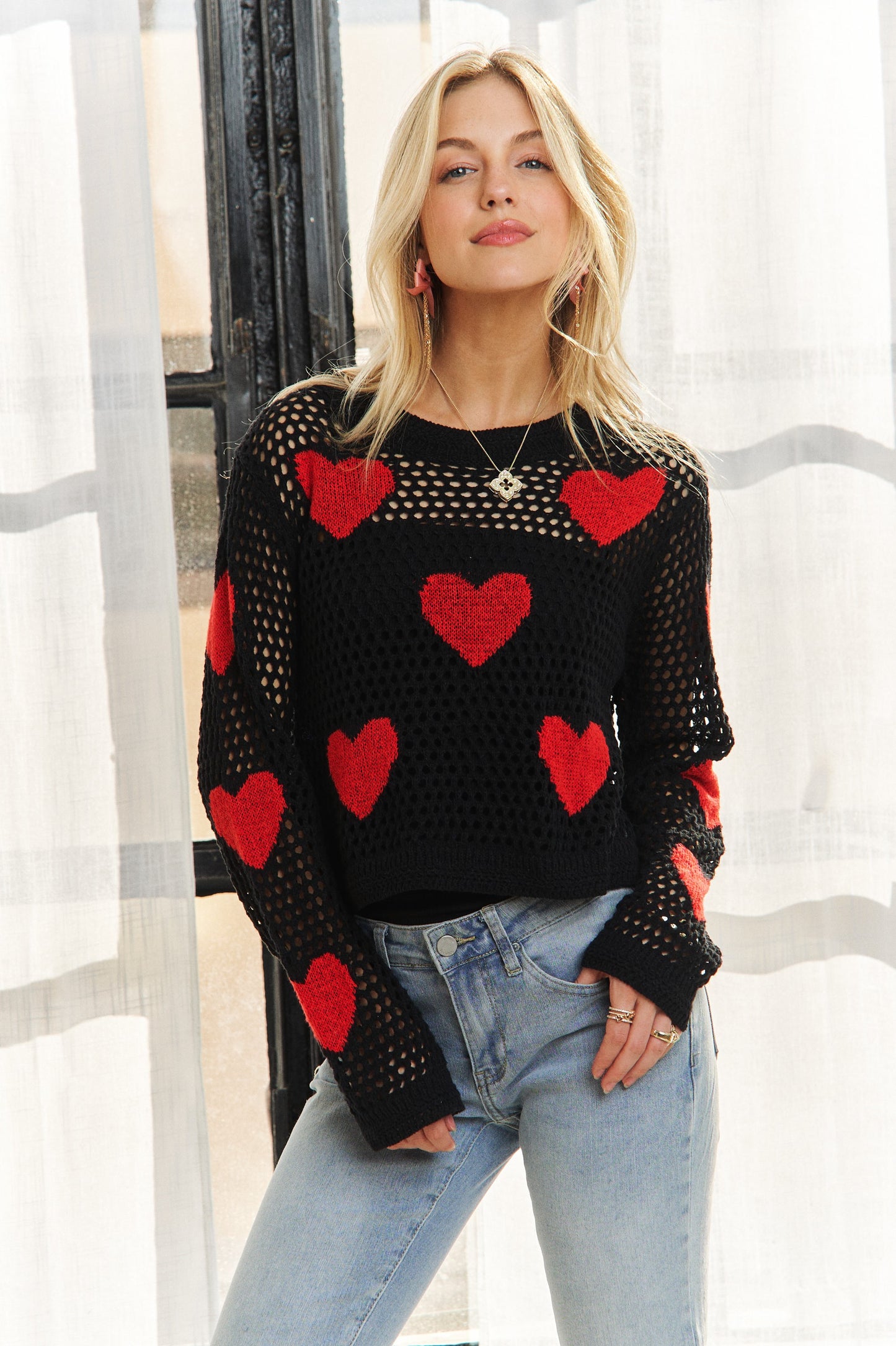 Open Weave Black Heart Sweater