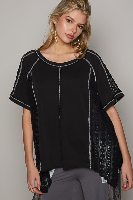 Black Lace Panel Mineral Washed Top