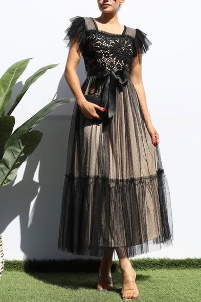Mesh and Lace Midi Dress