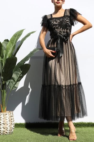 Mesh and Lace Midi Dress