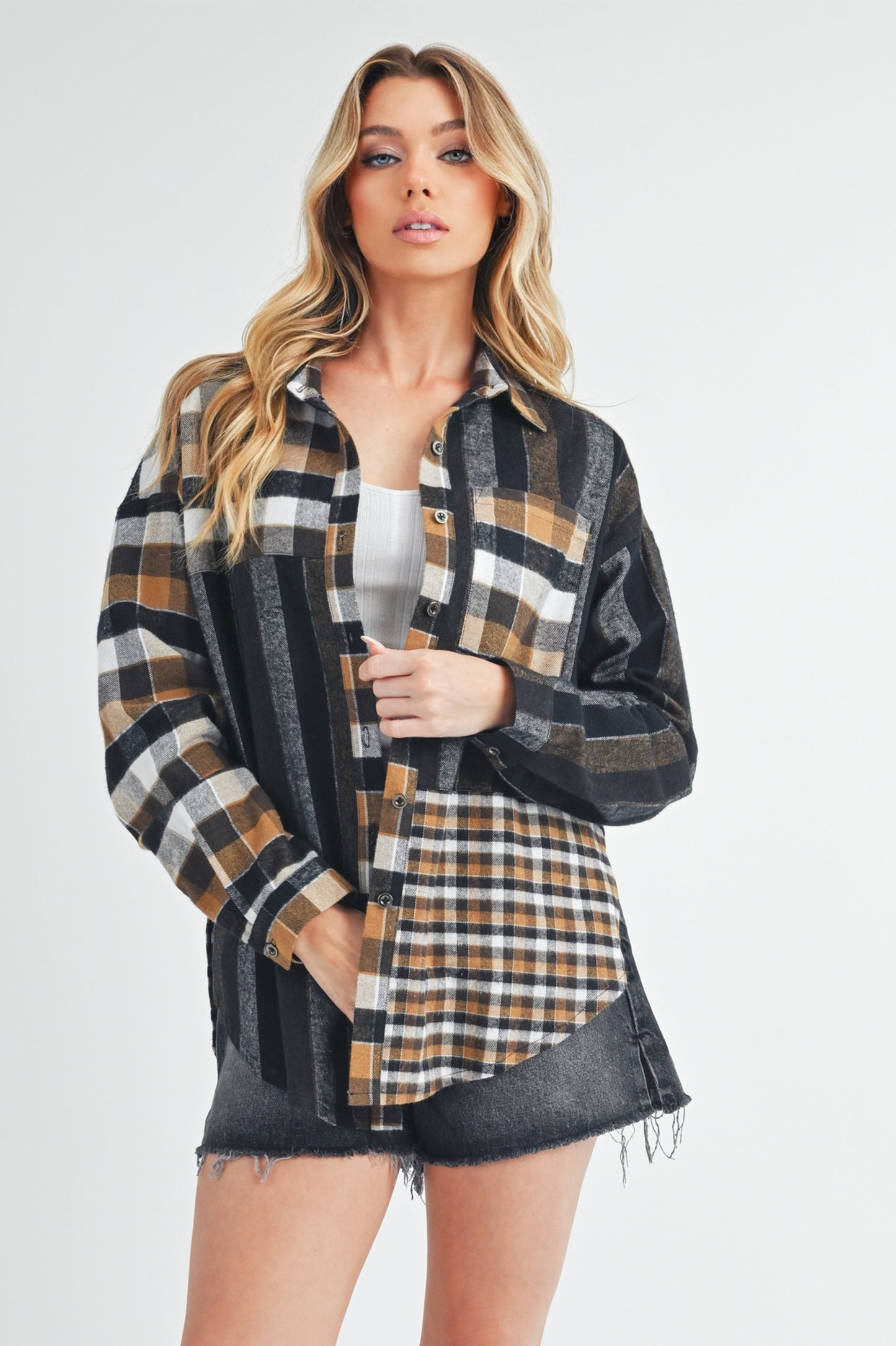 Black Patchwork Flannel Shirt