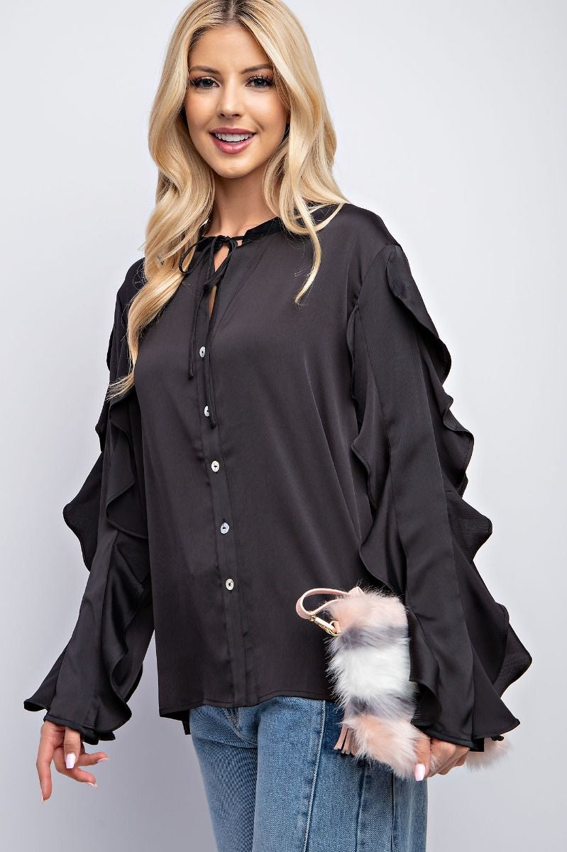 Satin Ruffle Sleeve Top