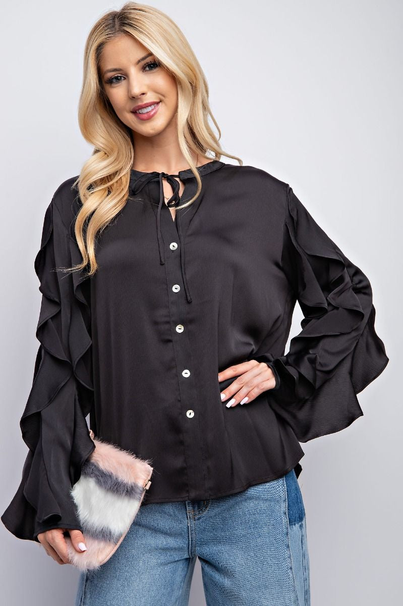 Satin Ruffle Sleeve Top