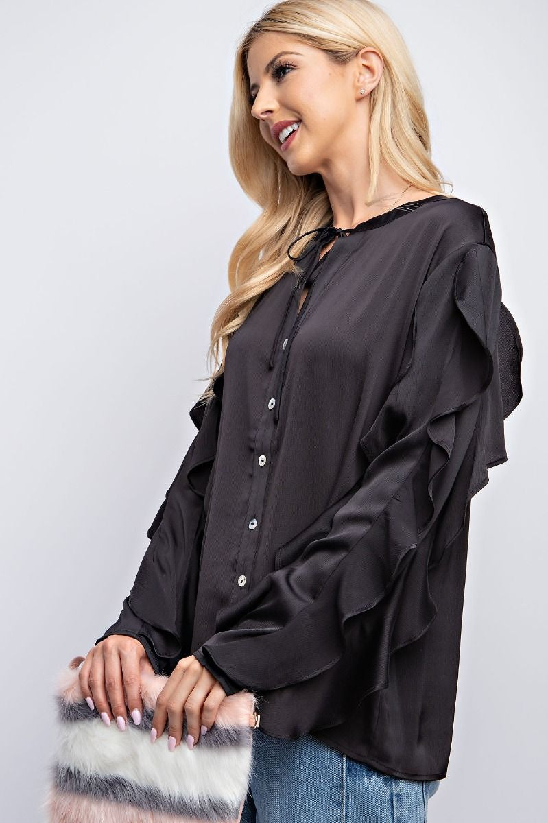 Satin Ruffle Sleeve Top