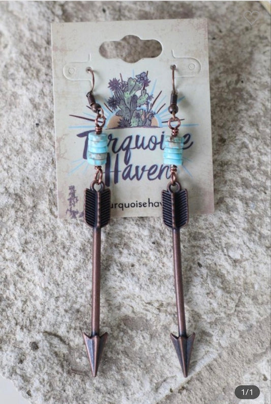 Antique copper arrow earrings with jasper