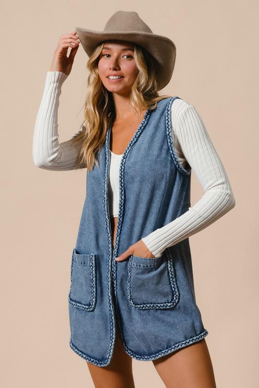 Braided Denim Western Vest
