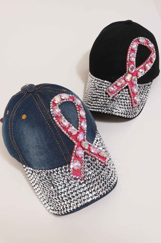 Beaded Pink Ribbon Denim Hat