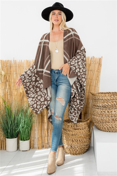 Brown leopard plaid wrap ruana