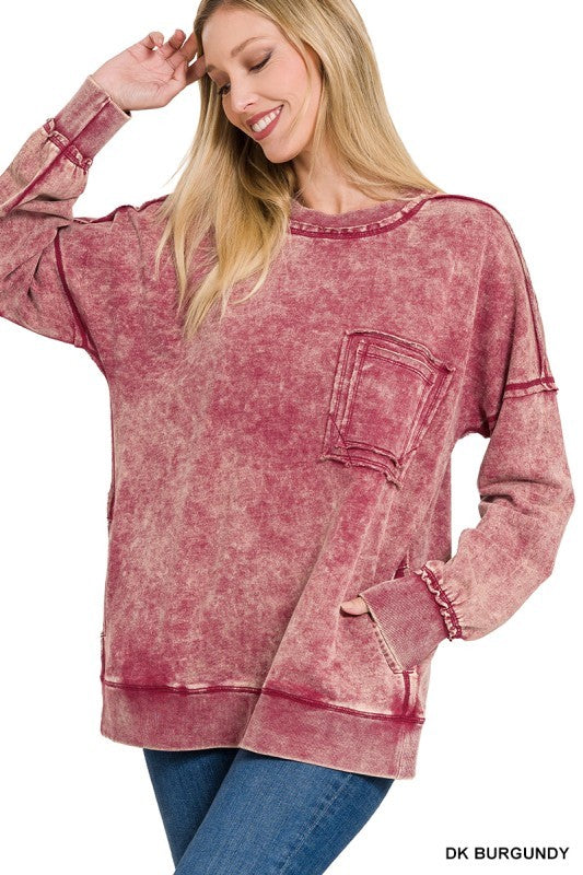 Acid Wash Pocket Crew Neck