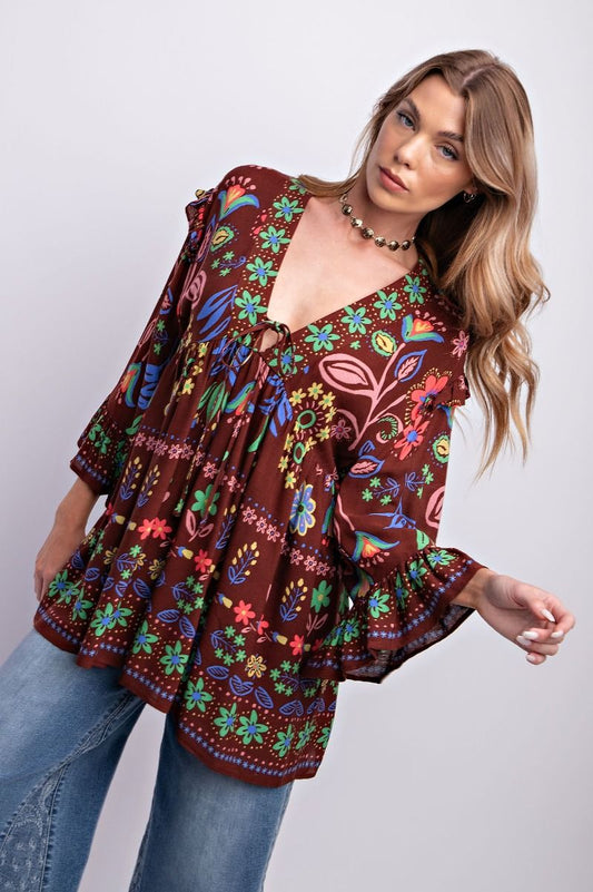 Chocolate Floral Boho Top