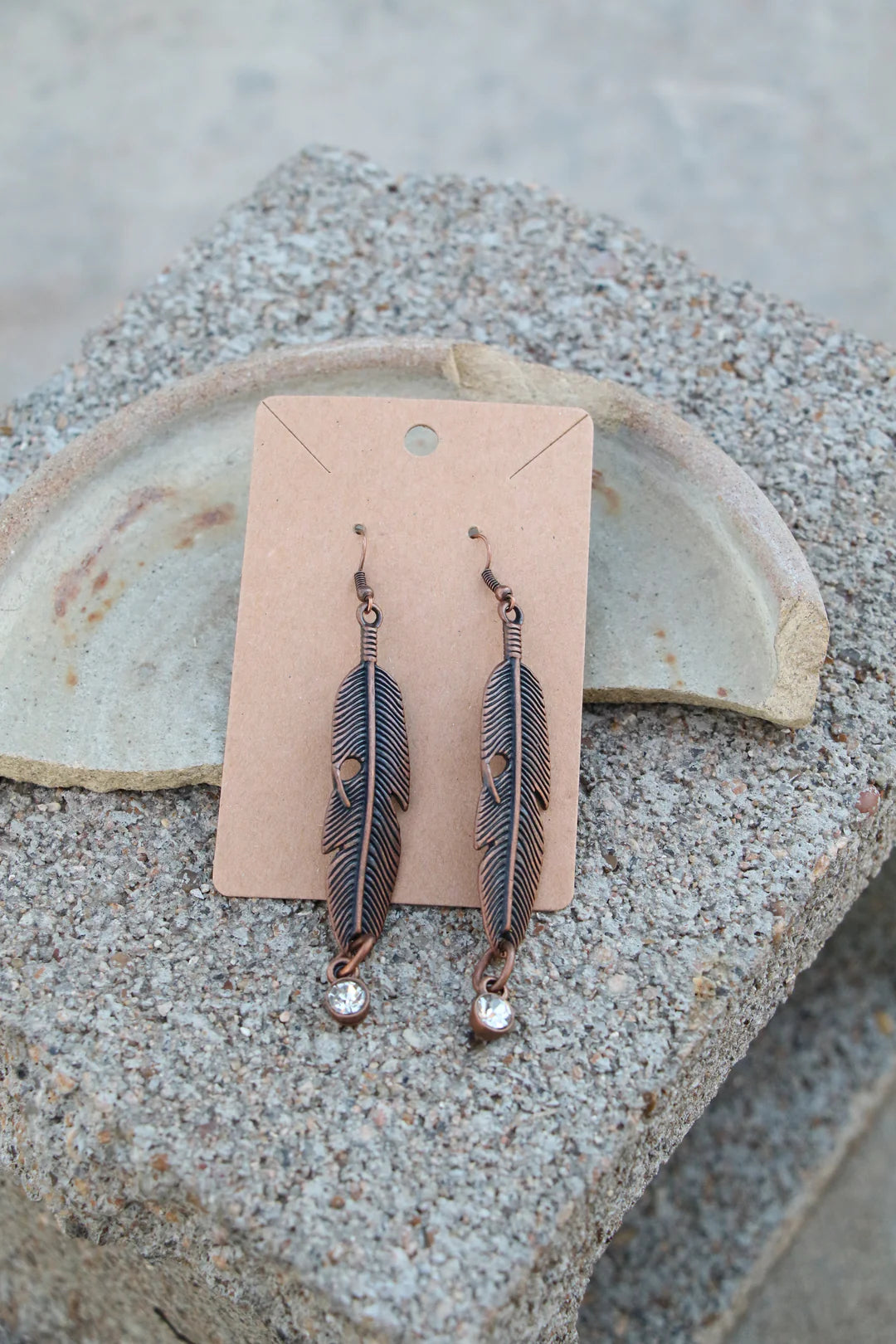 Antiqued copper feather earrings