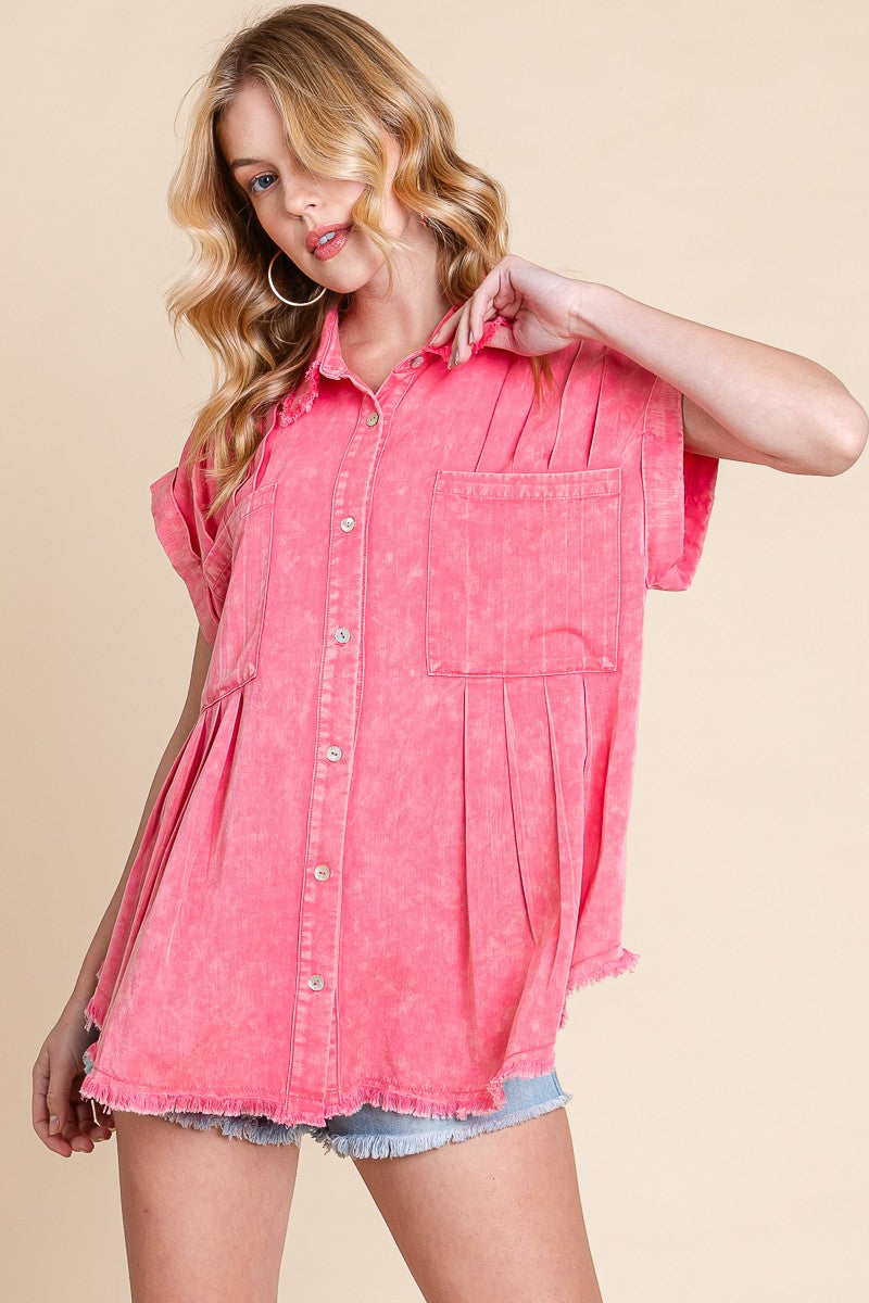 Coral Mineral Washed Button-Down Top