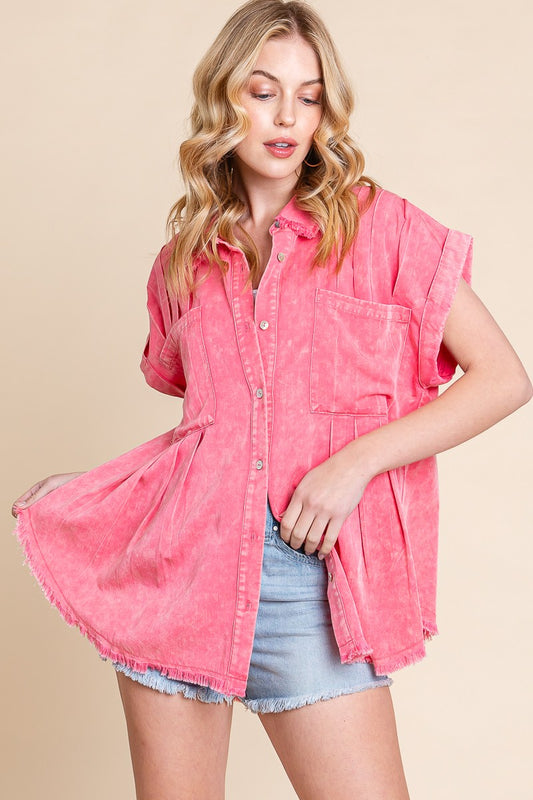 Coral Mineral Washed Button-Down Top