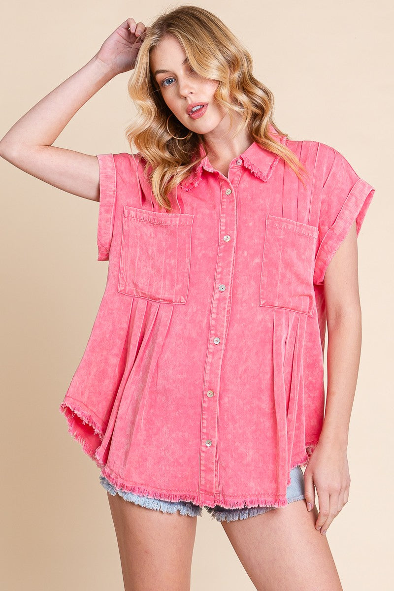 Coral Mineral Washed Button-Down Top