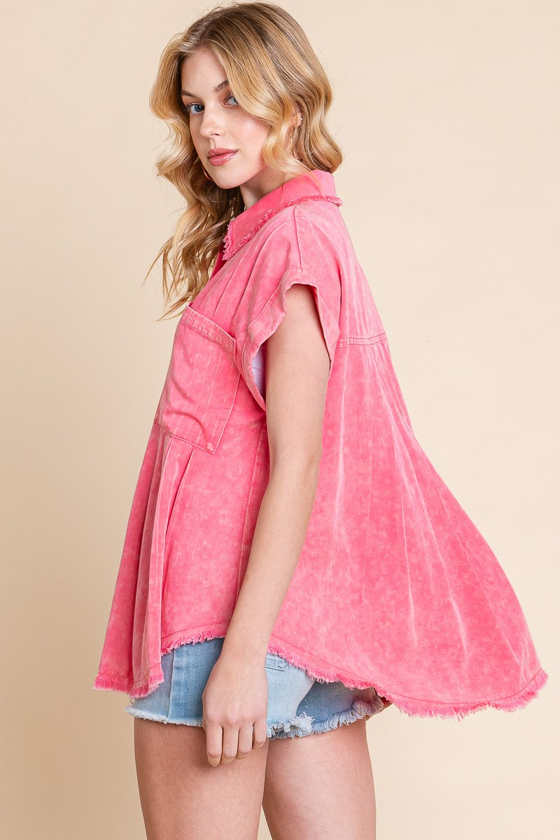 Coral Mineral Washed Button-Down Top