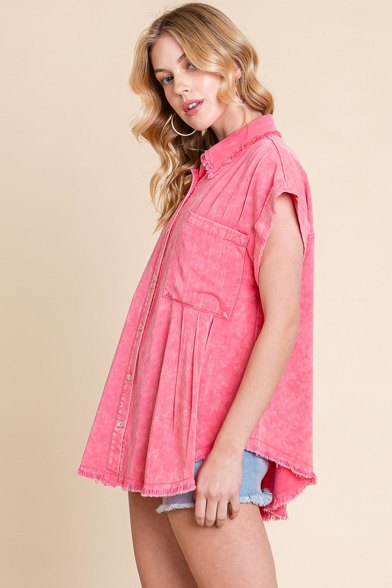 Coral Mineral Washed Button-Down Top