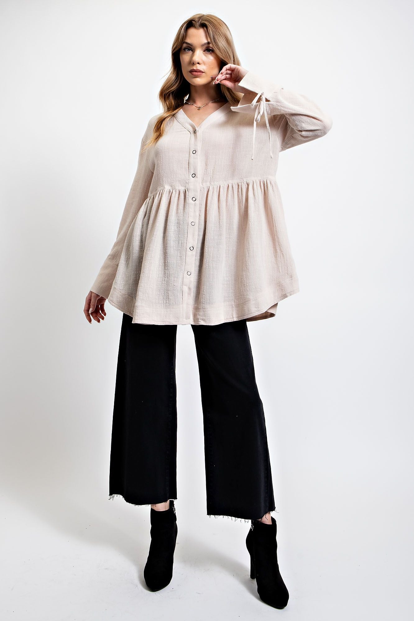 Tie Cuff Peplum Top Oatmeal