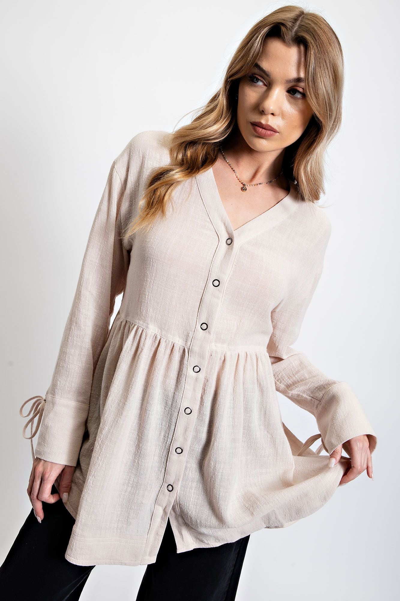 Tie Cuff Peplum Top Oatmeal