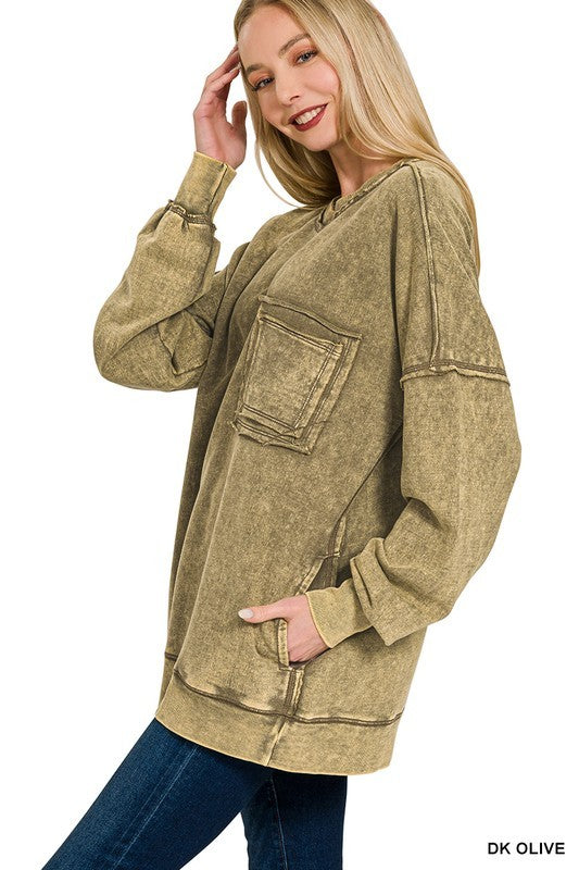 Acid Wash Pocket Crew Neck