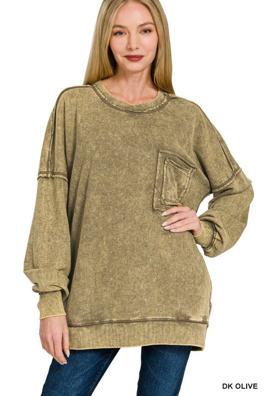 Acid Wash Pocket Crew Neck