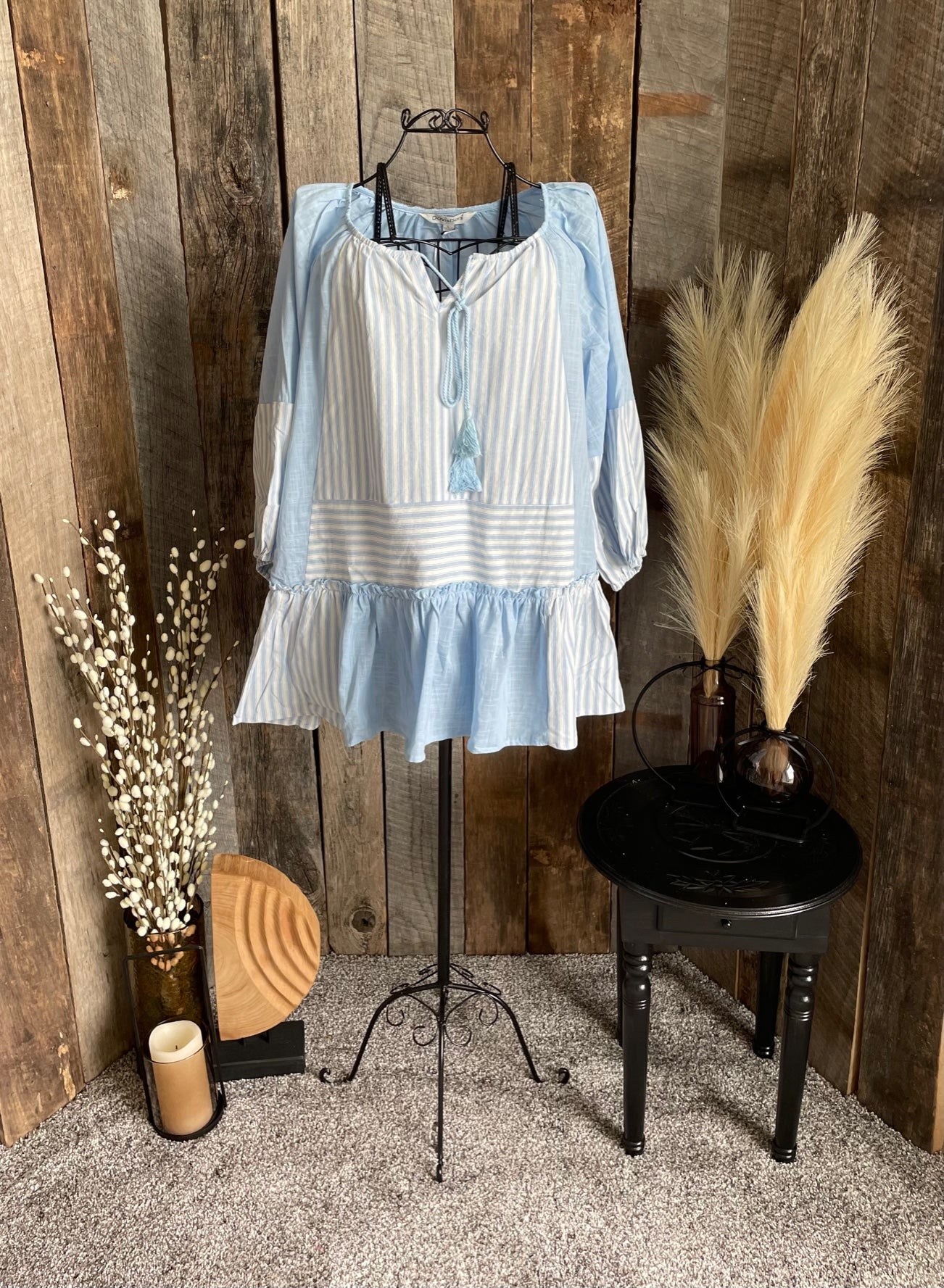 Baby blue and white cotton peplum top