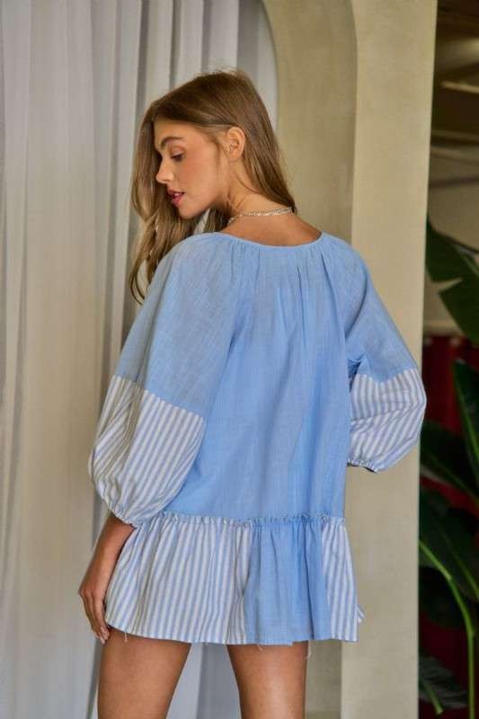 Baby blue and white cotton peplum top